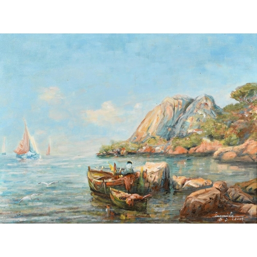 23 - French School, Circa 2004, a fisherman and his nets in a rocky bay, oil on canvas, indistinctly sign... 