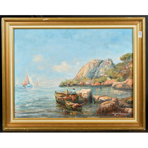 23 - French School, Circa 2004, a fisherman and his nets in a rocky bay, oil on canvas, indistinctly sign... 