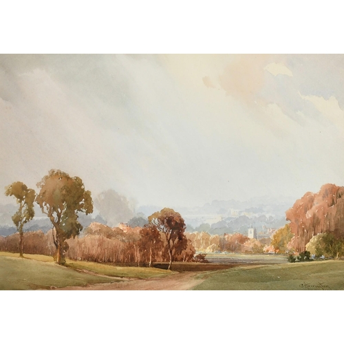 239 - Charles Harrington, An extensive moorland view, watercolour, signed and dated '23 and  bears label v... 