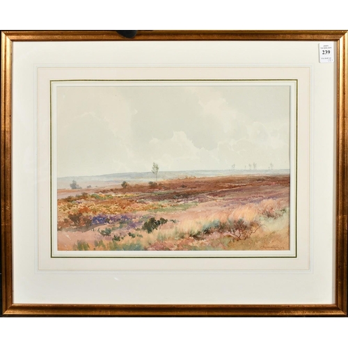 239 - Charles Harrington, An extensive moorland view, watercolour, signed and dated '23 and  bears label v... 