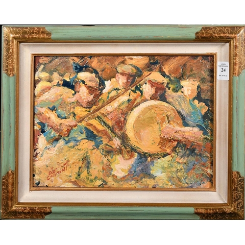 24 - 20th Century French School, villagers playing in a band, oil on board, indistinctly signed, 9.5