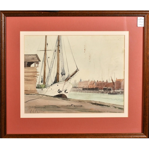 240 - Leslie L. Hardy Moore (1907-1997) British, Tall boats moored in the harbour, Yarmouth, watercolours,... 