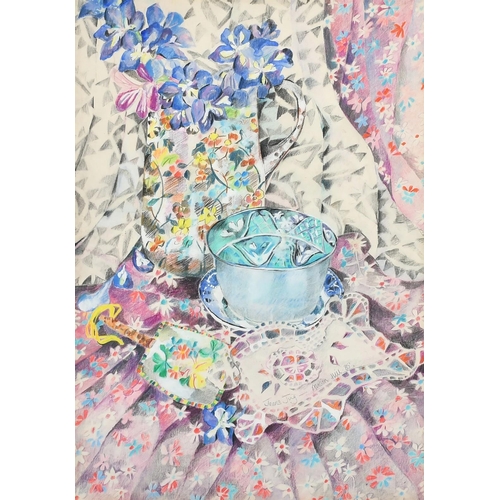 245 - Alison Hill (20th Century) Flowers in vases and china on a table top, coloured crayons, signed and d... 