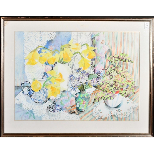 245 - Alison Hill (20th Century) Flowers in vases and china on a table top, coloured crayons, signed and d... 