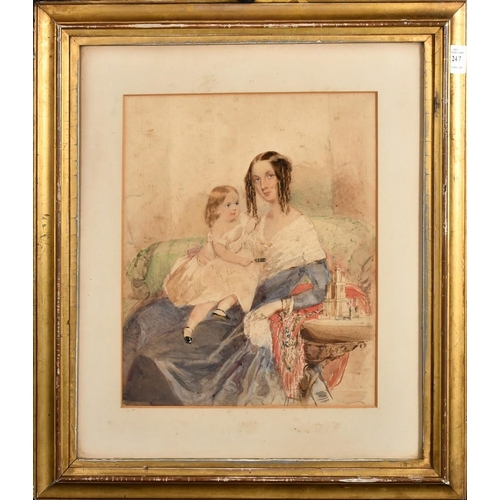 247 - Circle of George Chinnery (19th Century) Mother and child seated in an armchair, watercolour, bears ... 