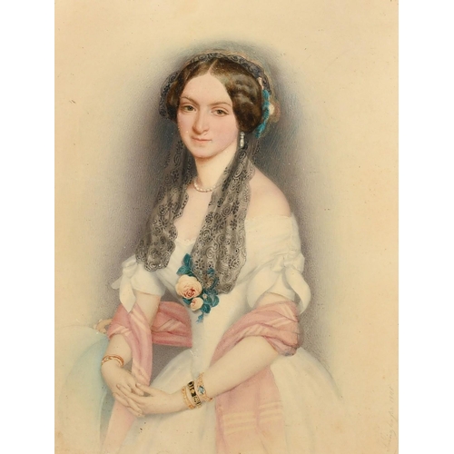 249 - August Prinzhofer A three quarter length portrait of a lady, watercolour, signed and dated 1848, 9