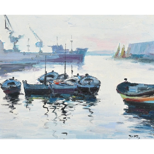 25 - 20th Century French School, boats moored in a harbour, oil on canvas, indistinctly signed, 9