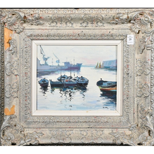 25 - 20th Century French School, boats moored in a harbour, oil on canvas, indistinctly signed, 9