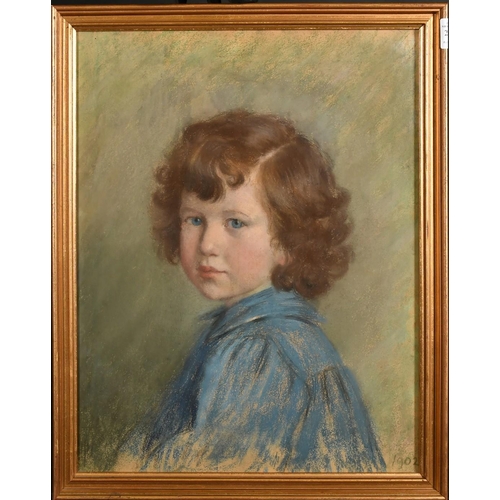 251 - Circle of Thomas Cooper Gotch, A bust length portrait of a young girl in a blue smock, pastel, possi... 