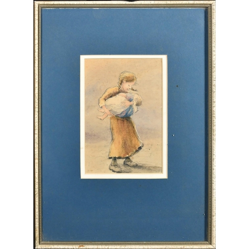 254 - Circle of William Conor, A young girl holding a baby, watercolour, 6.5