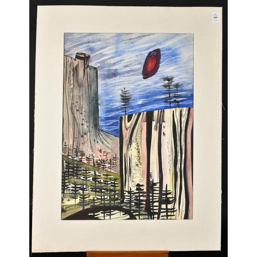 260 - Modern British, A flying object above a stylized wooded escarpment, watercolour, indistinctly signed... 