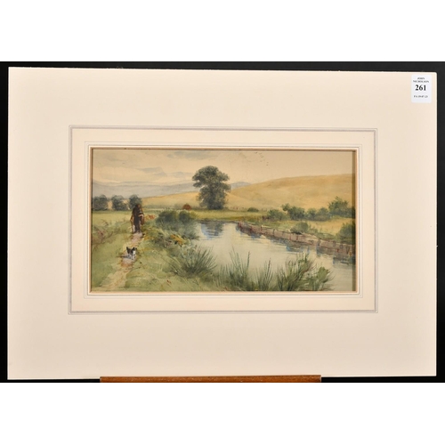 261 - Circle of Frank Gresley, a traveler and his dog on a riverside path, watercolour, 6