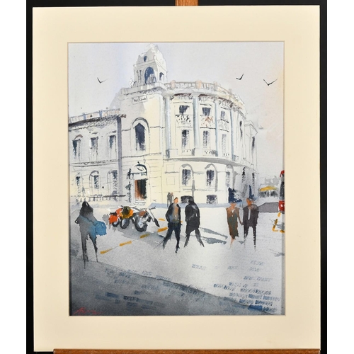 263 - Circle of Daniel Martinez (20th Century) Uruguayan, Figures crossing a city street, watercolour, ind... 