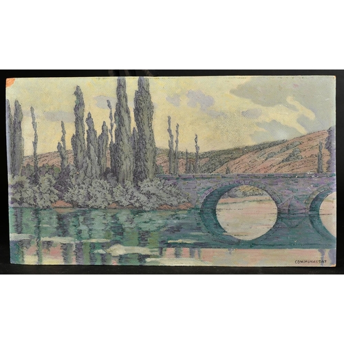 27 - Communaudat, 20th Century, a stone bridge over a river with trees nearby, oil on board, signed, 12.7... 