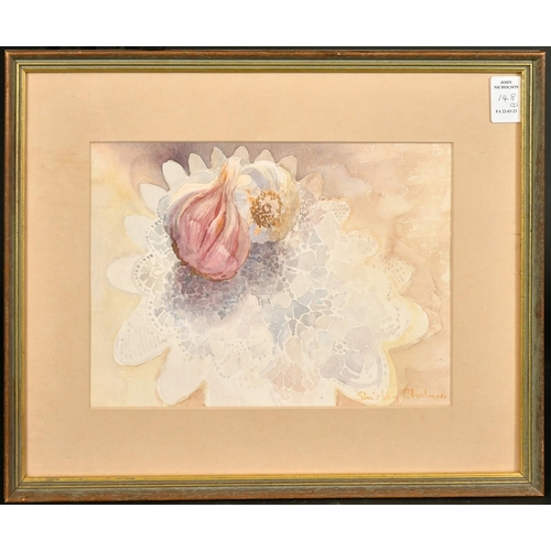 299 - Shirley Chalmers (20th Century), a pair of watercolour studies of flowers and garlic, signed, each 7... 