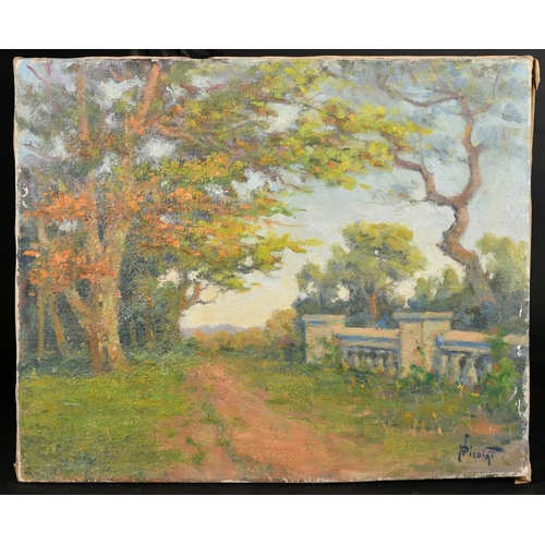 30 - French School, Circa 1910, a parkland scene with a pathway near trees, oil on canvas, indistinctly s... 