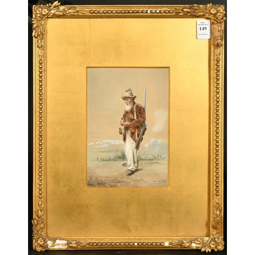 300 - 19th Century Continental School, an old huntsman carrying a rifle, watercolour, indistinctly signed,... 