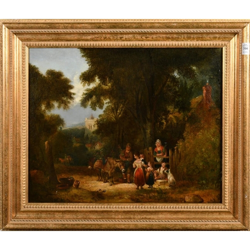 316 - Attributed to William Shayer, figures gathered on a country track, oil on canvas, 17