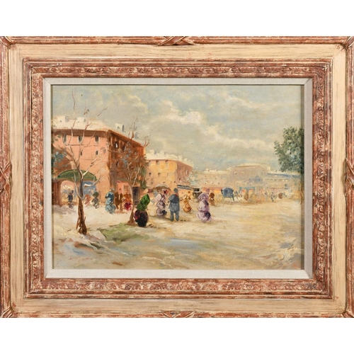 317 - Early 20th Century Continental School, elegant figures gathered in a busy city street, oil on canvas... 