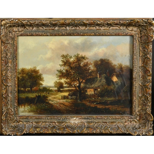 327 - Circle of Nasmyth, 19th Century, figures in a country path by a cottage, oil on canvas, 10