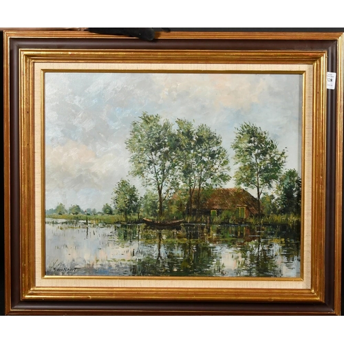 328 - A. Van Noort, a boat amongst reeds with a riverside cottage beyond, oil on canvas, signed, 16