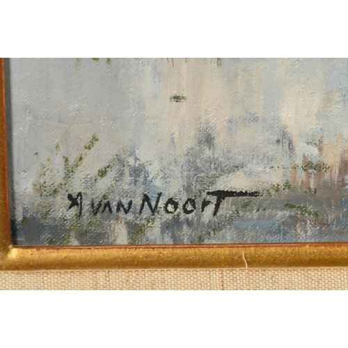 328 - A. Van Noort, a boat amongst reeds with a riverside cottage beyond, oil on canvas, signed, 16