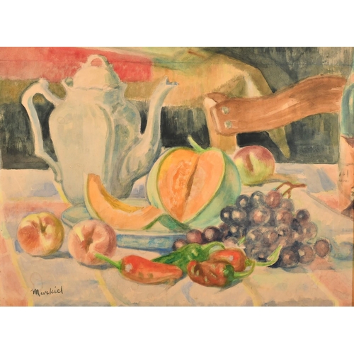 33 - Jacob Markiel (1911-2006) Polish / French, a still life of fruit and a teapot, watercolour, signed, ... 