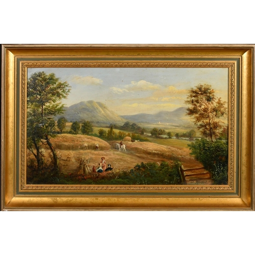 331 - D. Morris, 19th Century English School, a harvesting scene with figures in the foreground, oil on ca... 