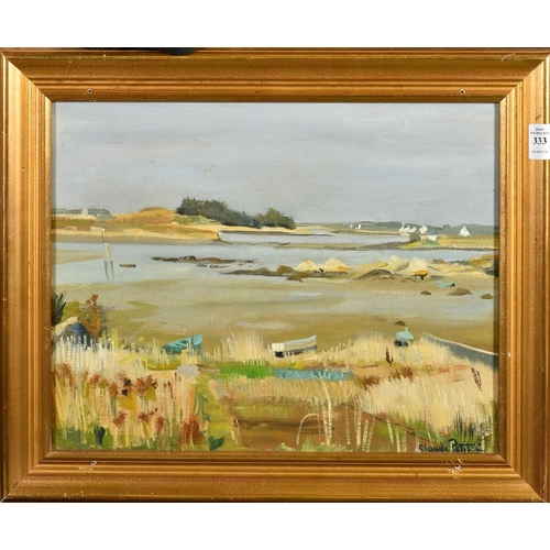 333 - Claude Peitez, A quiet estuary scene with moored boats, oil on canvas, signed, 13