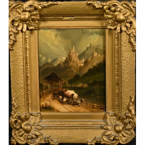 334 - 19th Century Continental School, a pair of oil on panel paintings of castles in mountainous landscap... 