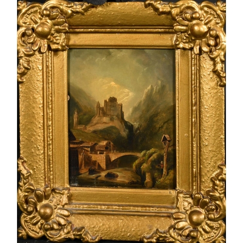 334 - 19th Century Continental School, a pair of oil on panel paintings of castles in mountainous landscap... 