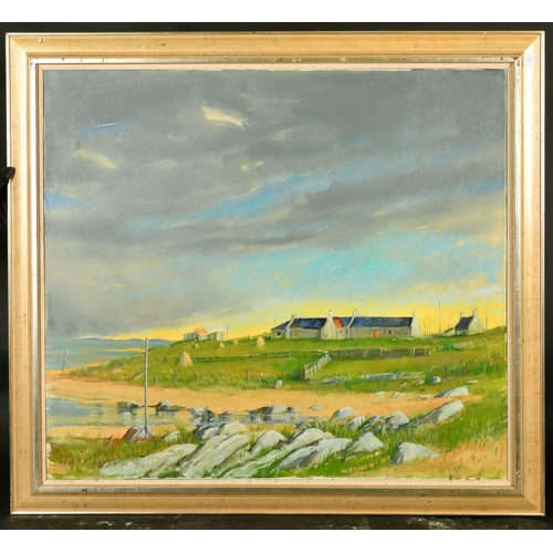 336 - John Mathison (20th Century), 'Helmsdale', a view of stone cottages by the coast, oil on canvas, sig... 