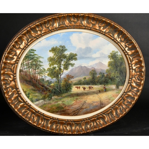 340 - 19th Century, An extensive landscape with a figure and dog moving cattle, with mountains beyond, oil... 