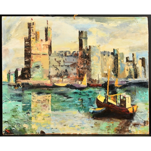 343 - 20th Century, a view of Caernarfon Castle, oil on board, 16