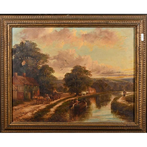 346 - J.J. Hughes, (Late 19th Century) 'Near Skipton', a canal scene with a logging cart, figure on a tow ... 