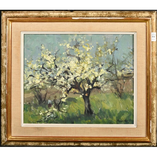 354 - Ryno Frieberg (20th Century) Figures in an orchard at blossom time, oil on canvas, signed and dated ... 