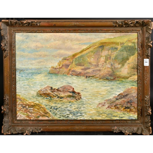 359 - Margaret Fisher Prout (1875-1963), a rocky cove, oil on canvas laid onto board, signed, 16