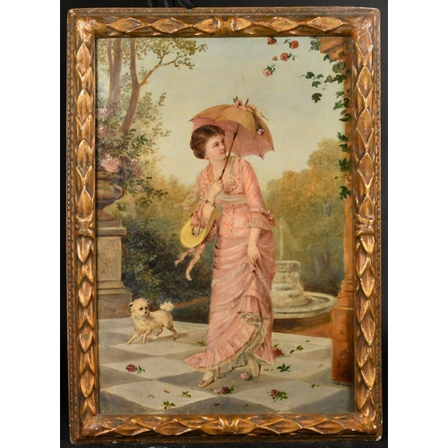 364 - 19th Century Continental School, an elegant female figure with a parasol walking under falling roses... 