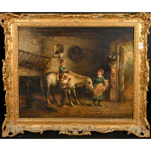 365 - 19th Century Continental School, her first ride, a young child on a horse in stables, oil on canvas,... 