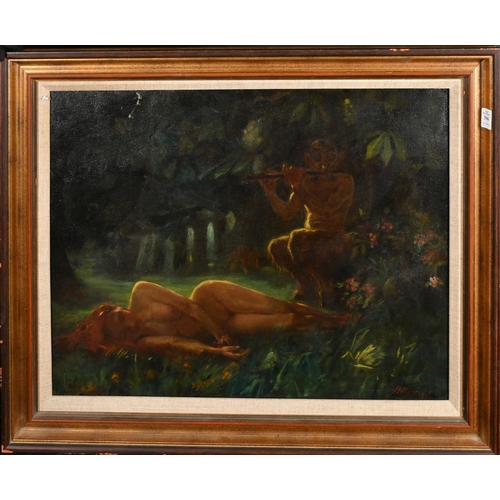 366 - Late 19th Century, A faun in a forest seated near flowers playing a wooden flute to a sleeping nude ... 