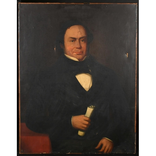 367 - 19th Century, Portrait of a man holding a scroll, oil on canvas, indistinctly signed and dated 185* ... 