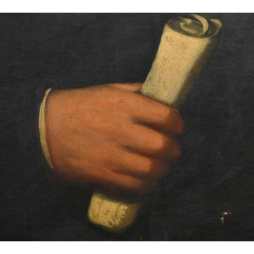 367 - 19th Century, Portrait of a man holding a scroll, oil on canvas, indistinctly signed and dated 185* ... 