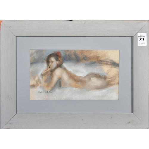 371 - 20th Century School, A female nude lying on her tummy, oil on canvas board, indistinctly signed, 4.5... 