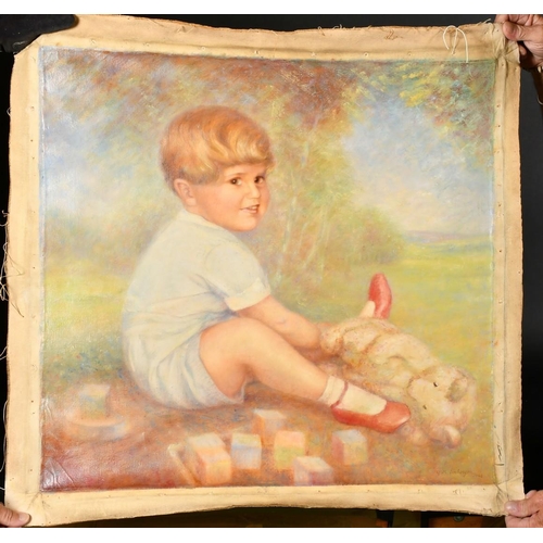 374 - G.M. Imberger, Portrait of a young boy with his teddy bear, oil on canvas, signed and dated 1942, 25... 