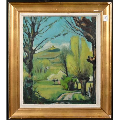 38 - Lucien Maisonneuve, 20th Century, French, a pathway by trees with a hilltop beyond, oil on board, 18... 