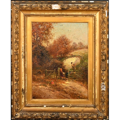 380 - A.M. Phillips, circa 1879, children playing on a swinging gate, oil on canvas, signed, 16