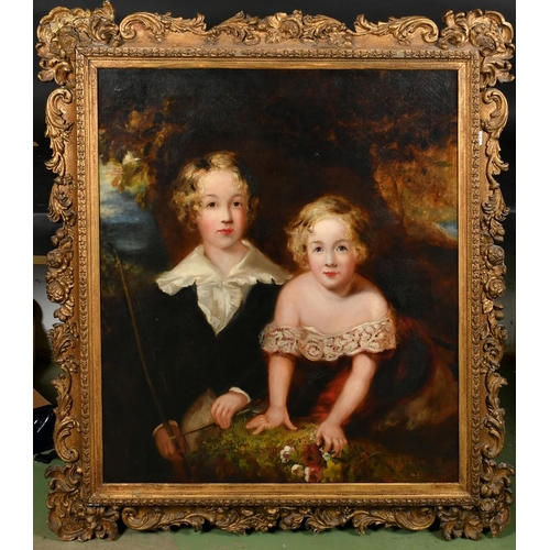 382 - Circle of Thomas Lawrence, Circa 1830, a portrait of two children amongst foliage with a landscape v... 