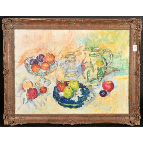 397 - Mid-Century Colourist School, a still life of fruit and other objects, oil on canvas, 18