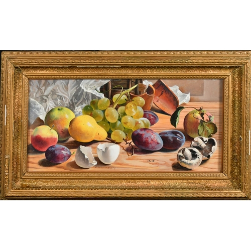 398 - Robert Dumont-Smith (1908-1994), a still life of fruit, mushrooms and eggshells, oil panel, signed, ... 