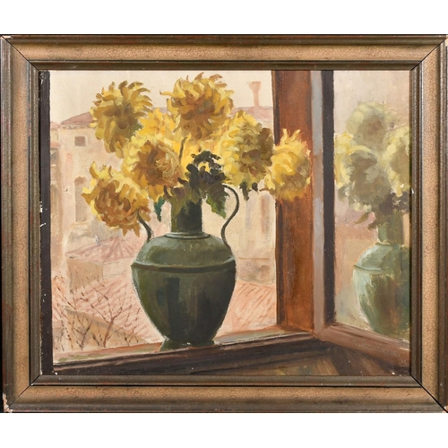 399 - Pietro Sansalvadore (1892-1955), sunflowers in a green urn on a windowsill, oil on canvas, signed an... 